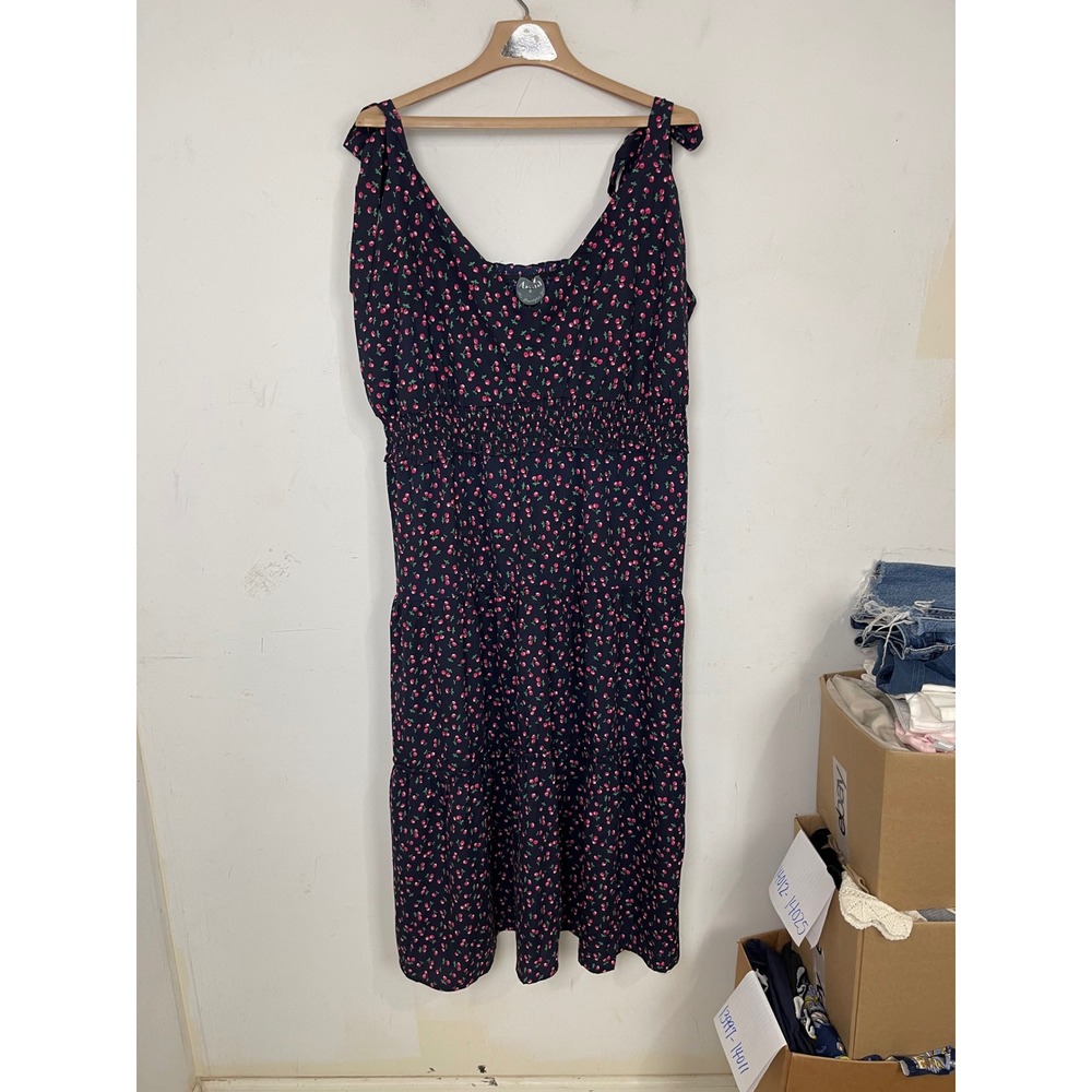 Arula Navy Cherry Print Smocked Tiered Midi Dress‎ Tie Shoulder DDSK3561PIMK 2X
